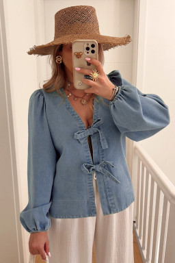 Dusk Blue Bow Tie Front Puff Sleeve Denim Top