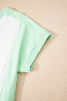 Light Green Colorblock Exposed Seam Patchwork Crew Neck T Shirt