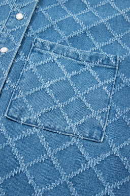 Dusk Blue Checkered Textured Short Sleeve Pocket Denim Shirt