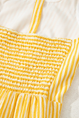 Yellow Stripe Tie Strap Smocked Back Wide Leg Romper