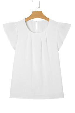 White Flounce Sleeve Pleated Textured Blouse