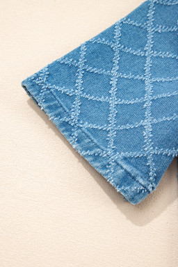Dusk Blue Checkered Textured Short Sleeve Pocket Denim Shirt