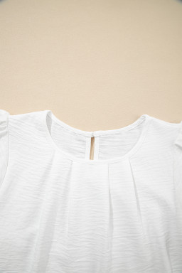 White Flounce Sleeve Pleated Textured Blouse