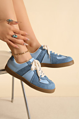 Dusk Blue Two Tone Suede Patched Lace Up Sneakers
