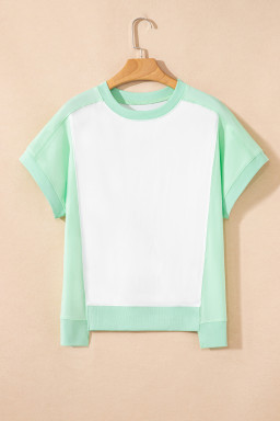 Light Green Colorblock Exposed Seam Patchwork Crew Neck T Shirt