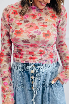 Red Floral Print Long Sleeve Slim Fit Mesh Top