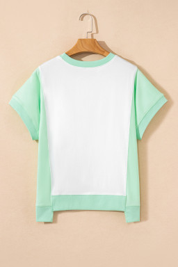Light Green Colorblock Exposed Seam Patchwork Crew Neck T Shirt