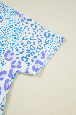 Sky Blue Leopard Print V Neck Short Sleeve Plus Size Top