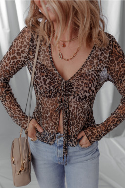 Multicolour Leopard Sheer Mesh Lace Up V Neck Long Sleeve Top