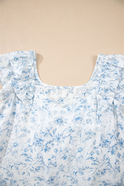 Sky Blue Floral Ruffle Short Sleeve Bow Back Blouse