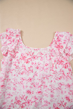 Pink Floral Ruffle Short Sleeve Bow Back Blouse