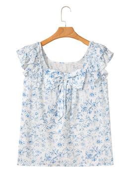 Sky Blue Floral Ruffle Short Sleeve Bow Back Blouse