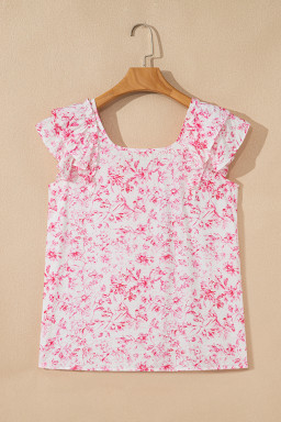 Pink Floral Ruffle Short Sleeve Bow Back Blouse