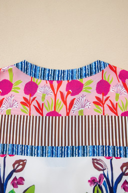 Pink Floral Striped Patchwork Short Sleeve Split Neck Blouse