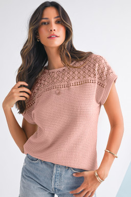 Light Pink Hollow Patchwork Waffle Knit Top