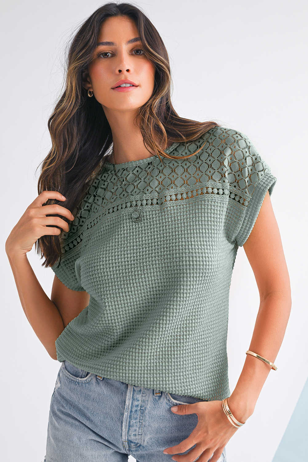 Mist Green Hollow Patchwork Waffle Knit Top