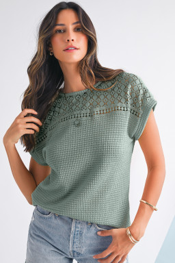 Mist Green Hollow Patchwork Waffle Knit Top