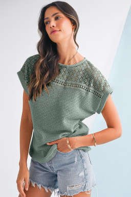 Mist Green Hollow Patchwork Waffle Knit Top
