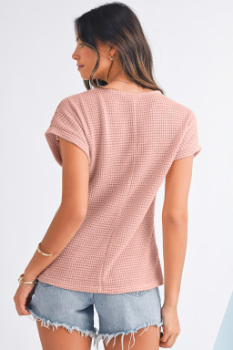 Light Pink Hollow Patchwork Waffle Knit Top