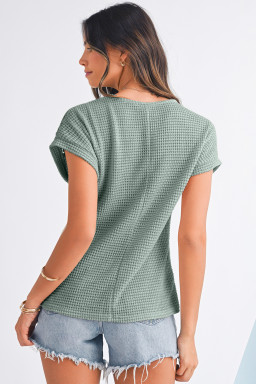 Mist Green Hollow Patchwork Waffle Knit Top