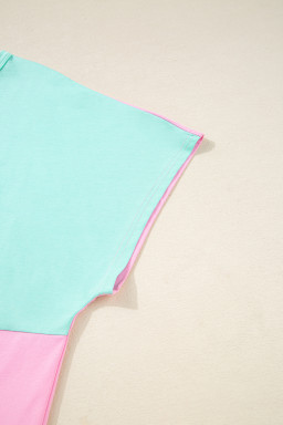 Mint Green Colorblock Patchwork Short Sleeve Plus Size Henley Top