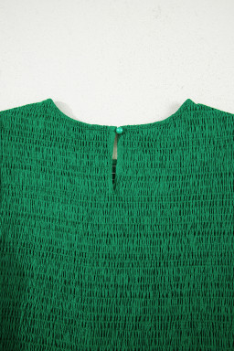 Dark Green Solid Textured Shirred High Waist Midi Dress