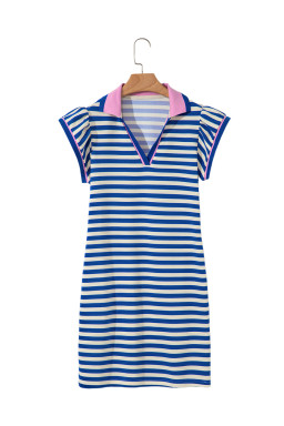 Dark Blue Striped Ruffle Short Sleeve Pop of Color Neckline Dress