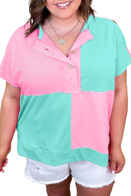 Mint Green Colorblock Patchwork Short Sleeve Plus Size Henley Top