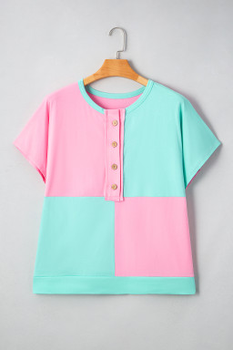 Mint Green Colorblock Patchwork Short Sleeve Plus Size Henley Top