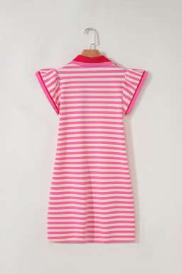 Sachet Pink Striped Ruffle Short Sleeve Pop of Color Neckline Dress