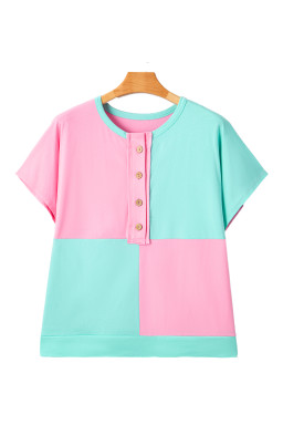 Mint Green Colorblock Patchwork Short Sleeve Plus Size Henley Top