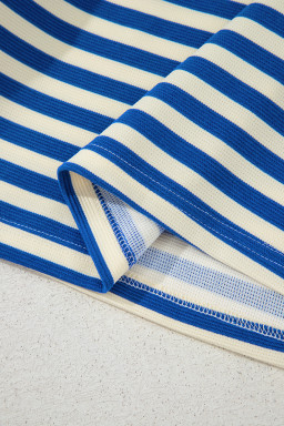 Dark Blue Striped Ruffle Short Sleeve Pop of Color Neckline Dress