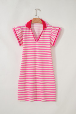 Sachet Pink Striped Ruffle Short Sleeve Pop of Color Neckline Dress