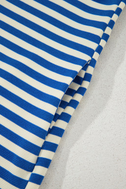 Dark Blue Striped Ruffle Short Sleeve Pop of Color Neckline Dress