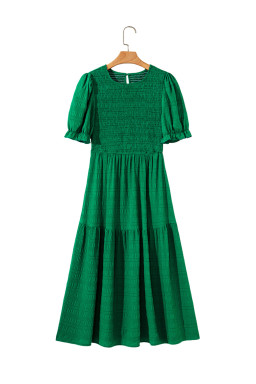 Dark Green Solid Textured Shirred High Waist Midi Dress