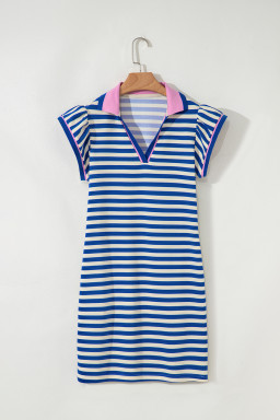 Dark Blue Striped Ruffle Short Sleeve Pop of Color Neckline Dress