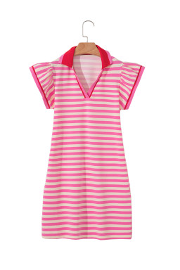 Sachet Pink Striped Ruffle Short Sleeve Pop of Color Neckline Dress