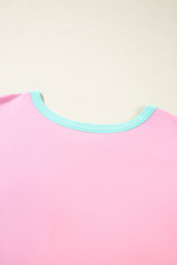 Mint Green Colorblock Patchwork Short Sleeve Plus Size Henley Top