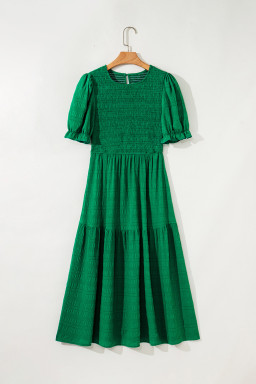Dark Green Solid Textured Shirred High Waist Midi Dress