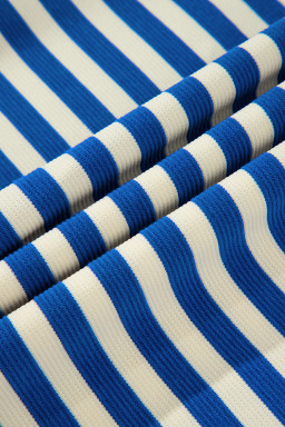 Dark Blue Striped Ruffle Short Sleeve Pop of Color Neckline Dress