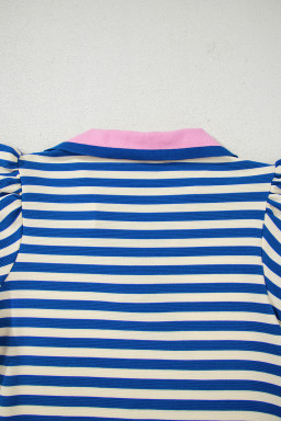 Dark Blue Striped Ruffle Short Sleeve Pop of Color Neckline Dress