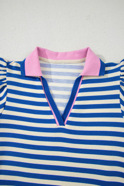 Dark Blue Striped Ruffle Short Sleeve Pop of Color Neckline Dress