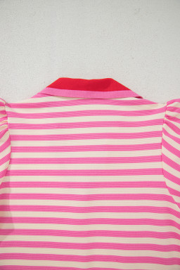 Sachet Pink Striped Ruffle Short Sleeve Pop of Color Neckline Dress