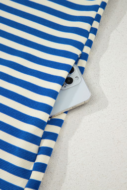 Dark Blue Striped Ruffle Short Sleeve Pop of Color Neckline Dress