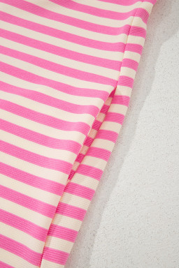 Sachet Pink Striped Ruffle Short Sleeve Pop of Color Neckline Dress