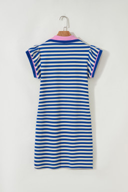Dark Blue Striped Ruffle Short Sleeve Pop of Color Neckline Dress
