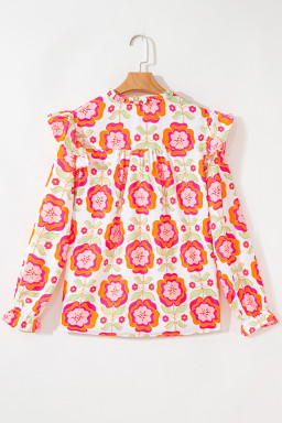 Rose Floral V Neck Ricrac Trim Ruffle Long Sleeve Blouse