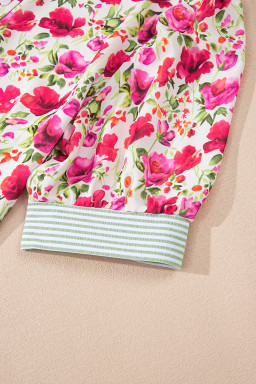 Red Floral Print Striped Patchwork Collared Blouse