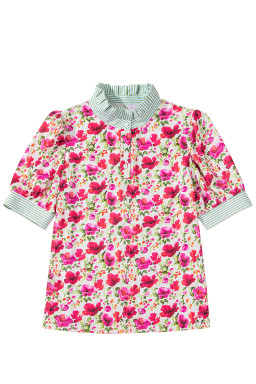 Red Floral Print Striped Patchwork Collared Blouse