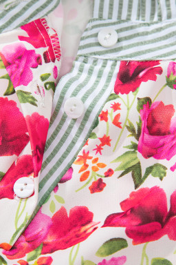 Red Floral Print Striped Patchwork Collared Blouse